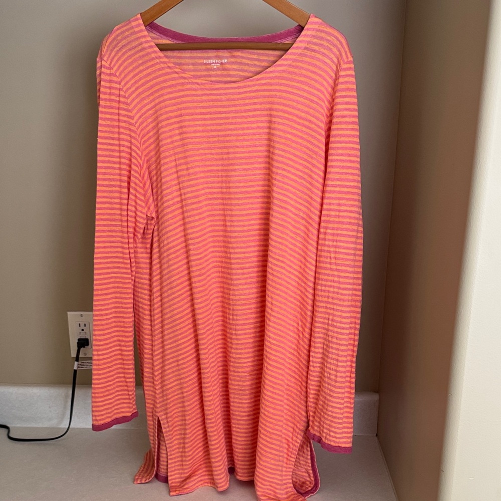 Eileen Fisher Coral and Pink Linen Striped Tunic